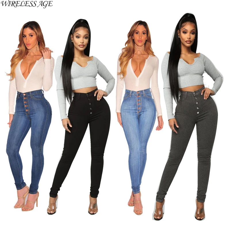 

WIRELESS AGE Denim Women High Waist Hip Lift Slim Breasted New Sexy Retro Jeans Clothing Women's Trousers Summer Fashion Wild