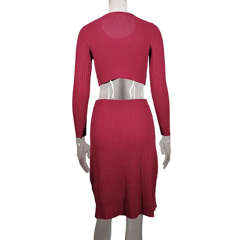 

Women's Solid Knitted Suit Long Sleeve Cropped Tops High Waist A-Line skirts Sexy Women Two Piece Set Fasion Antumu Winter 2021