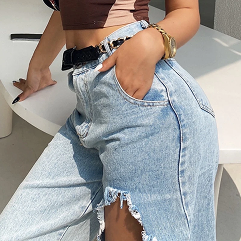 

CHICEVER Casual Hole Blue Denim Pant For Women High Waist Patchwork Full Length Straight Loose Jeans Female Summer Fashion Style