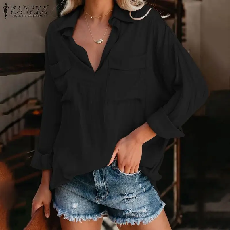 

ZANZEA Casual V Neck Blouse Elegant Women Autumn Long Sleeve Solid Shirt Work Blusas Female Loose Tunic Tops Chemise Plus Size