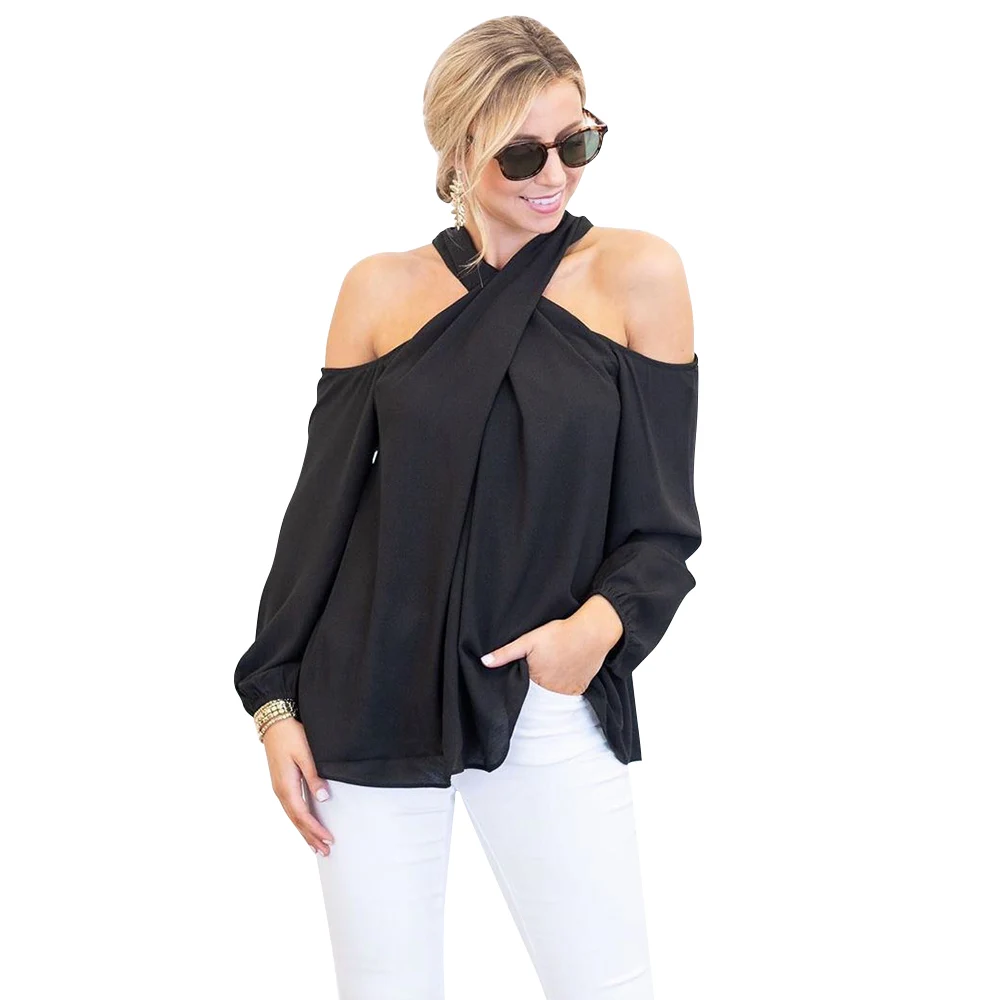 Блузка женская шифоновая с открытыми плечами и длинным рукавом Q35 | Женская