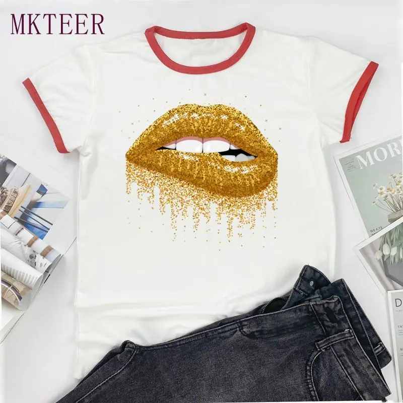 

Golden Mouth Lips T Shirt Women Harajuku Aesthetic Tshirt Ulzzang Kawaii Grunge Grunge Aesthetic Top Tee Shirts Top Women