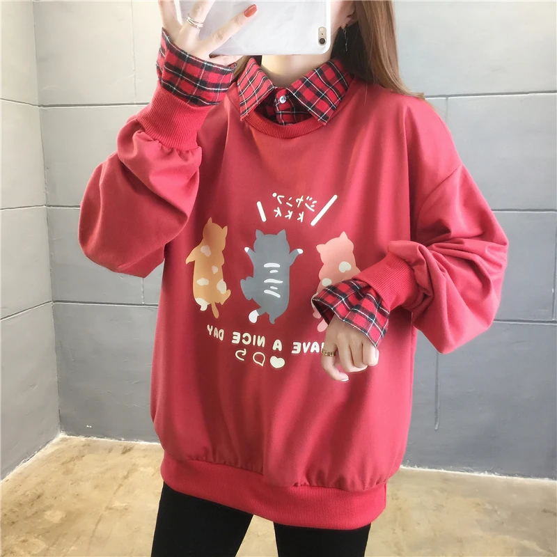 

Retro Plaid Stitching Harajuku Sweatshirt Female Autumn Harajuku Cartoon Print Cute Streetwear Loose Korean Hoodie 2021 New