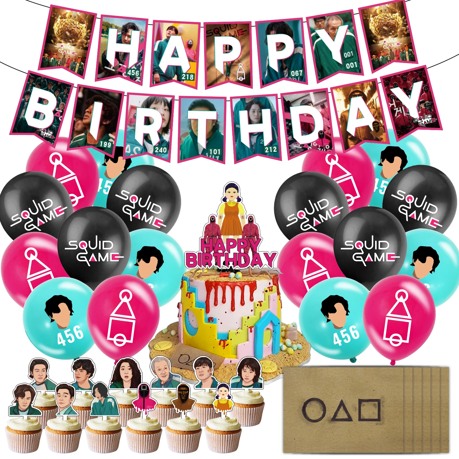 

Squid Game Birthday Party Supplies Squid Game Theme Party Decorations Printed Latex Balloon+Postcard Banner Cake Toppers Decor