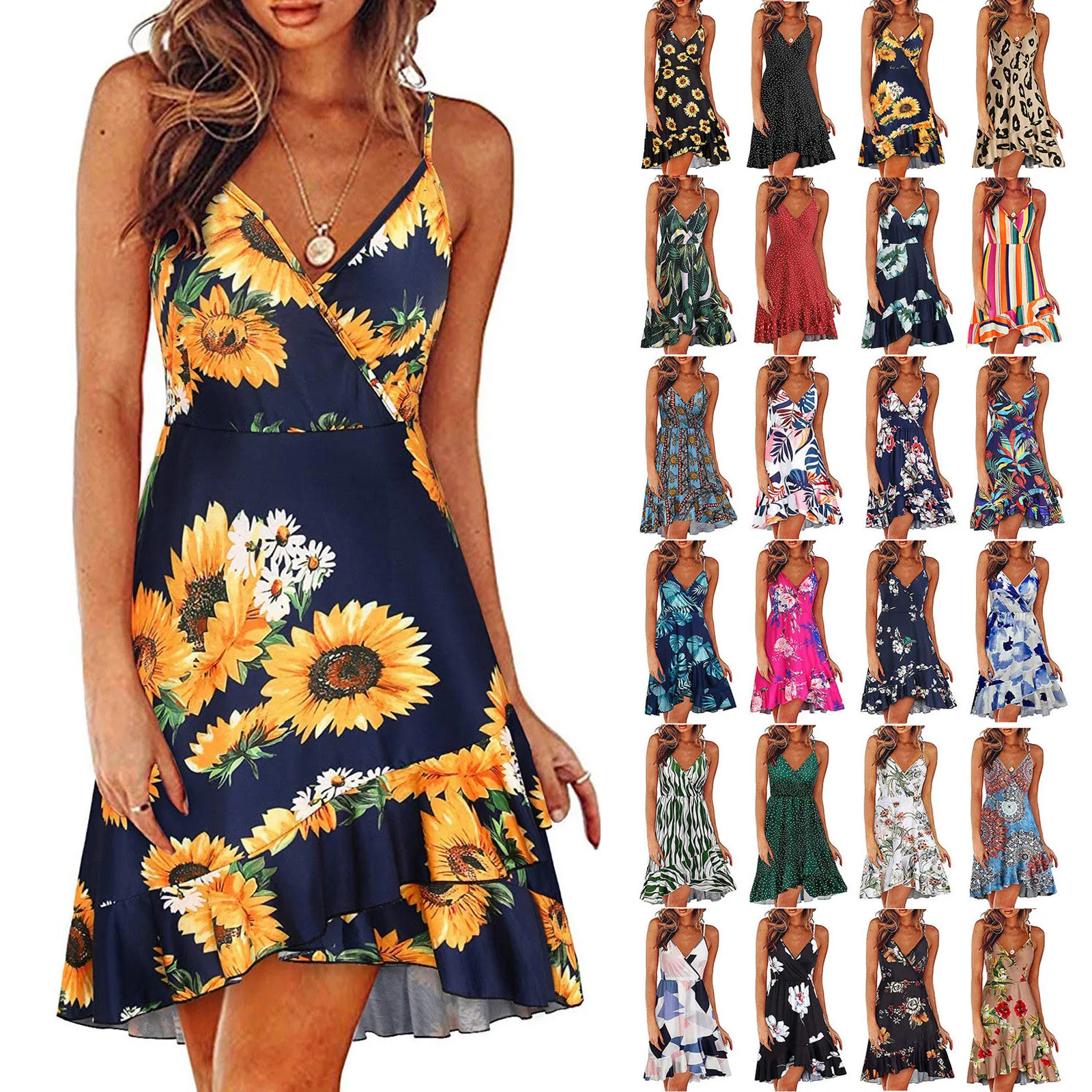 

Dress Women Summer Dress V-neck Floral Print Strap Summer Casual Swing Dresses With Ruffle Dress Clothing