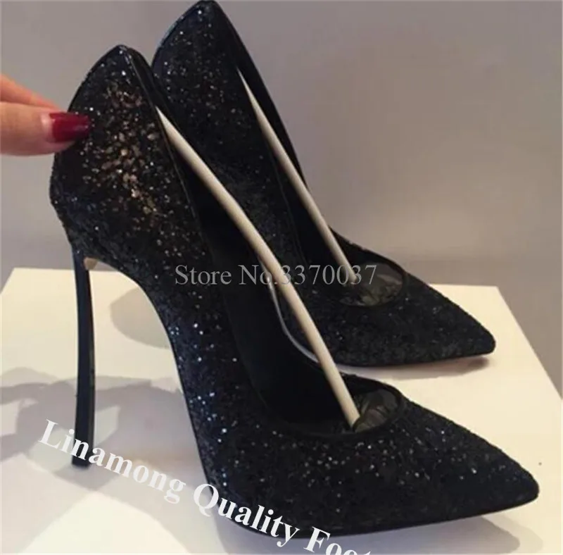 Linamong/шикарные туфли лодочки с острым носком на металлической шпильке блестками