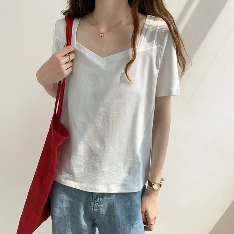 

LJSXLS New Solid Casual Short Sleeve Women's T-shirt Cotton Square Collar Tshirt Female Summer Top Korean Fashion Women Clothing
