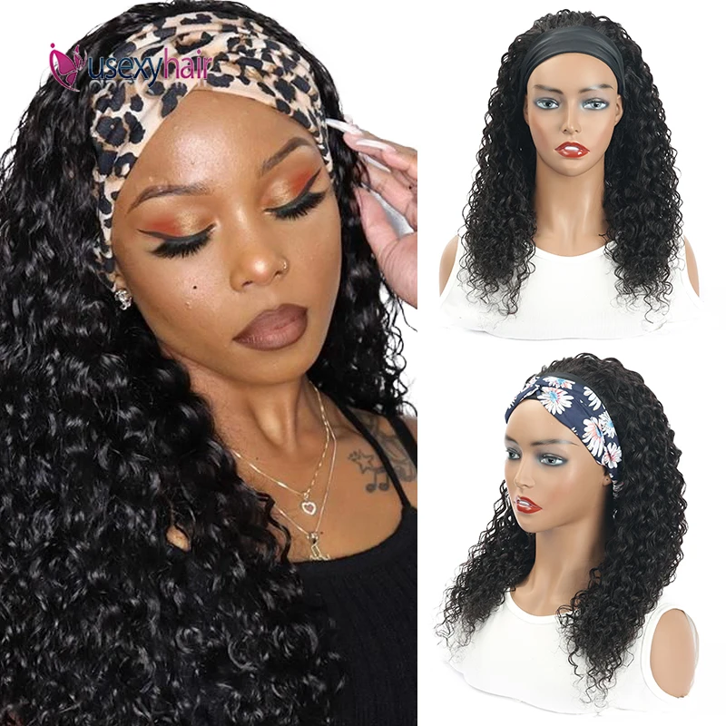 Водная волна парик с головной повязкой парики из натуральных волос для черный