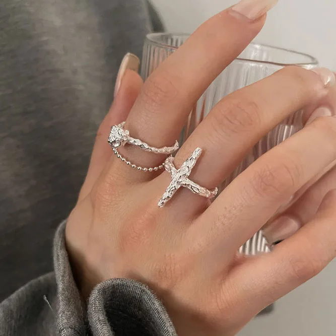 

Silver Color Geometric Cross Adjust Size Irregular Mini Beads Chain Rings For Women New Fashion Jewelry Gift