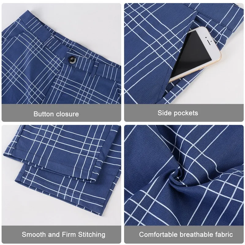 

Men's Casual Pants Plaid Social Slim Fit Black Trousers Zipper Mid Waist Skinny Business Office Work Party Male Summer Stretchy