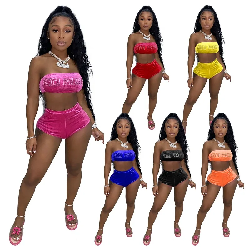 

Casual 2 Piece Set Rhinestone Logo Off Shoulder Crop Tops And Biker Shorts Suit Summer Woman Clothing