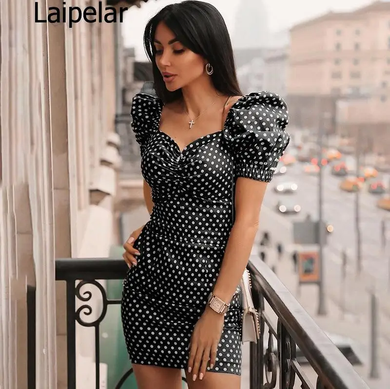 

Black Red Polka Dot Dress Women Sexy Casual Puff Sleeves Dress Summer Woman 2020 V Neck Vintage Dresses Retro Wrap Beach