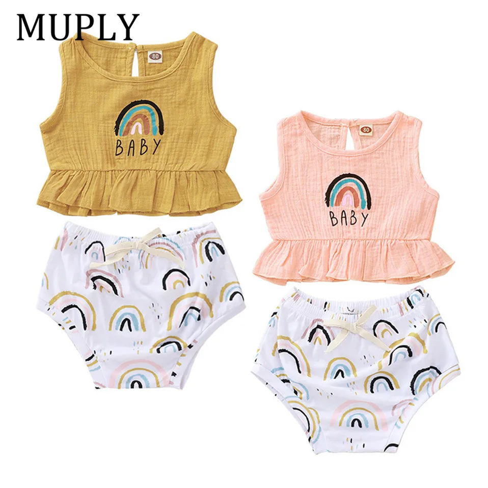 Летняя одежда для маленьких девочек топы с радужным принтом и оборками