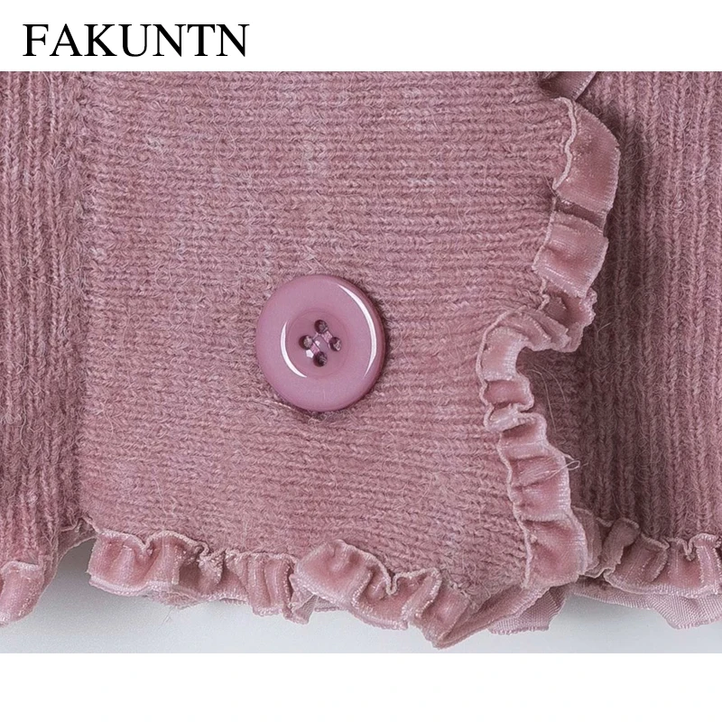 

Pink Cardigan Women Sweater Winter Clothes Single-breasted Ruffle Long Sleeve Knitted Jacket Top Sweater Women Knitted Cardigan