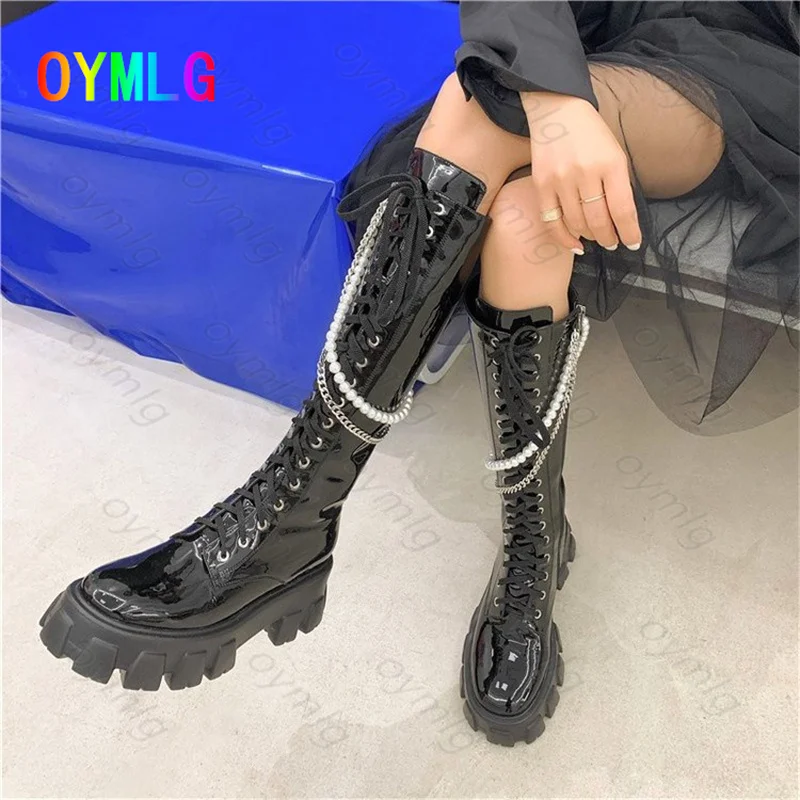 

But knee knight boots2021autumn and winter new platform platform Martin boots pearl chain tall boots platform shoes womens boots