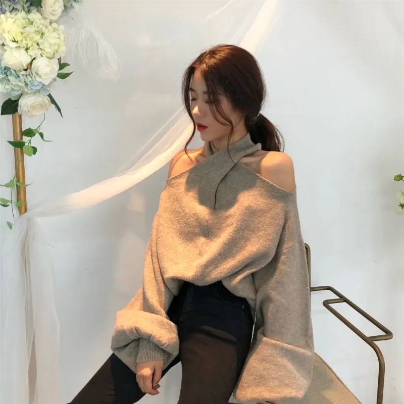 Женский трикотажный свитер в стиле ретро пуловер оверсайз с открытыми плечами и