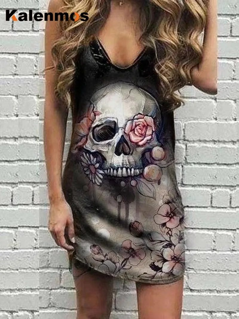 

Gothic Dress Women KALENMOS Punk Skull Floral Print Summer Loose V-neck Mini Party Club Robes De Mujer Plus Size Sexy Vestidos
