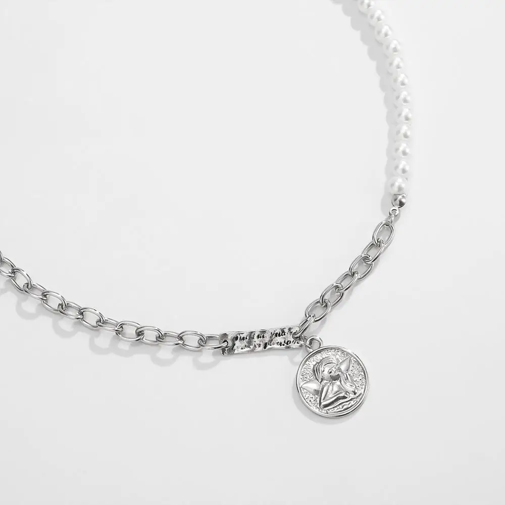 

SHIXIN Asymmetry Chain With Pearl Necklace for Women/Men Angel Coin Pendants Necklace 2020 Long Choker Necklaces Fashion Jewelry