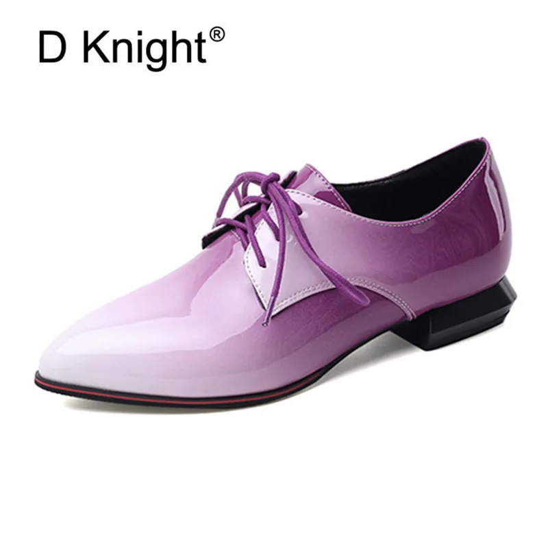 

Large Size 33-50 Women Flats Sexy Gradient Patent Leather Low-Heeled Oxford Shoes For Woman 2020 Pointed Toe Lace-Up Lady Flats