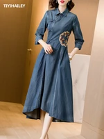 tiyihailey free shipping 2022 new three quarter sleeve long mid calf denim women vintage embroidery dress s xl chinese style