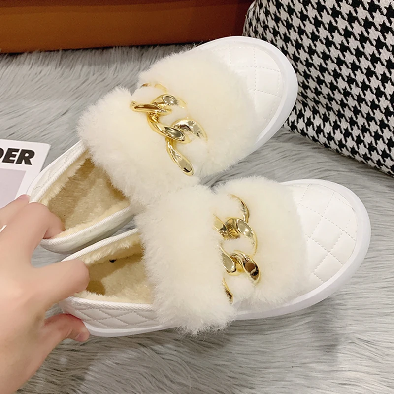 

Winter Women Flats Furry Shoes Female Round Toe Casual Outside Platform Shoes Fashion Metal Slip-On Loafers Ladies 2021 New Flat