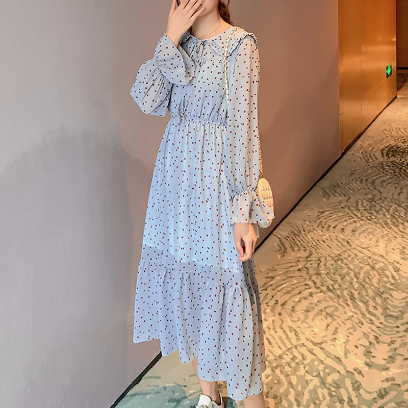 BGTEEVER винтажное на шнуровке в горошек женское платье с расклешенными рукавами