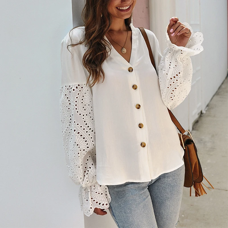 

Винтажная Элегантная блузка, Женская осенне-зимняя хлопковая блузка с длинным рукавом, на пуговицах, с вырезами, модная Женская туника, топы