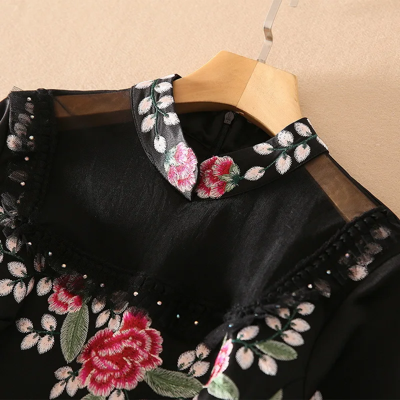 

European and American women's wear for spring 2021 Seven-point sleeve collar Flower embroidery Fashion Black Dress XXL