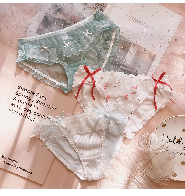 3 шт., японские милые Лолиты для девочек, Kawaii Nets, пряжа с бантом, кружевные трусы принцессы с рюшами, Трусы средней длины, маленькое сказочное нижнее белье, трусы