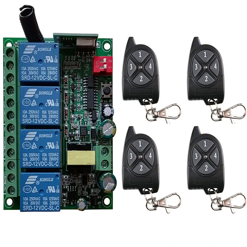 

433MHZ AC110V 220V 230V 4CH 4 CH Wireless RF Remote Control Light Switch 10A Relay Output Radio Receiver Module+Transmitter