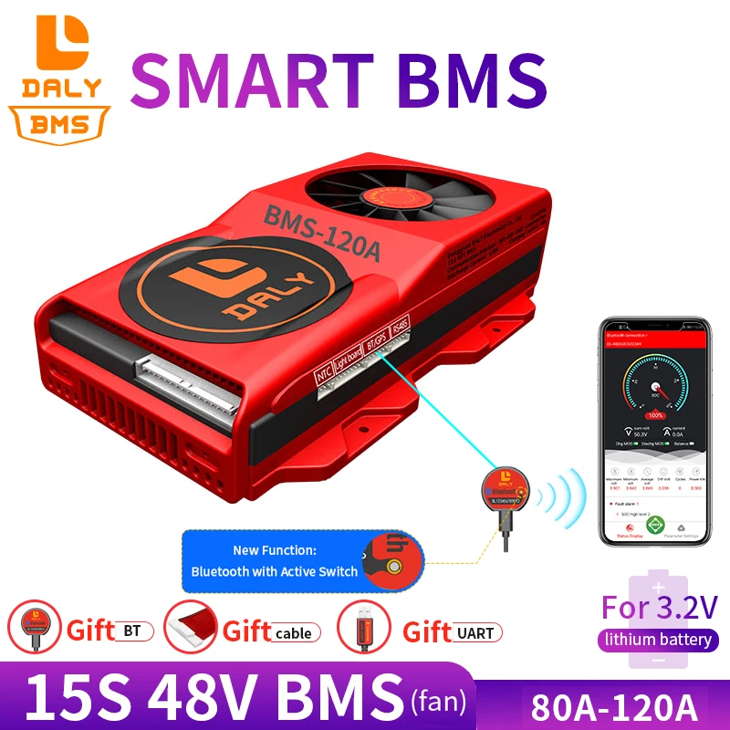 

18650 smart BMS 15S 48V 80A 100A 120A Bluetooth 485 to USB device NTC UART software togther Lion LiFepo4 Battery BMS With Fan