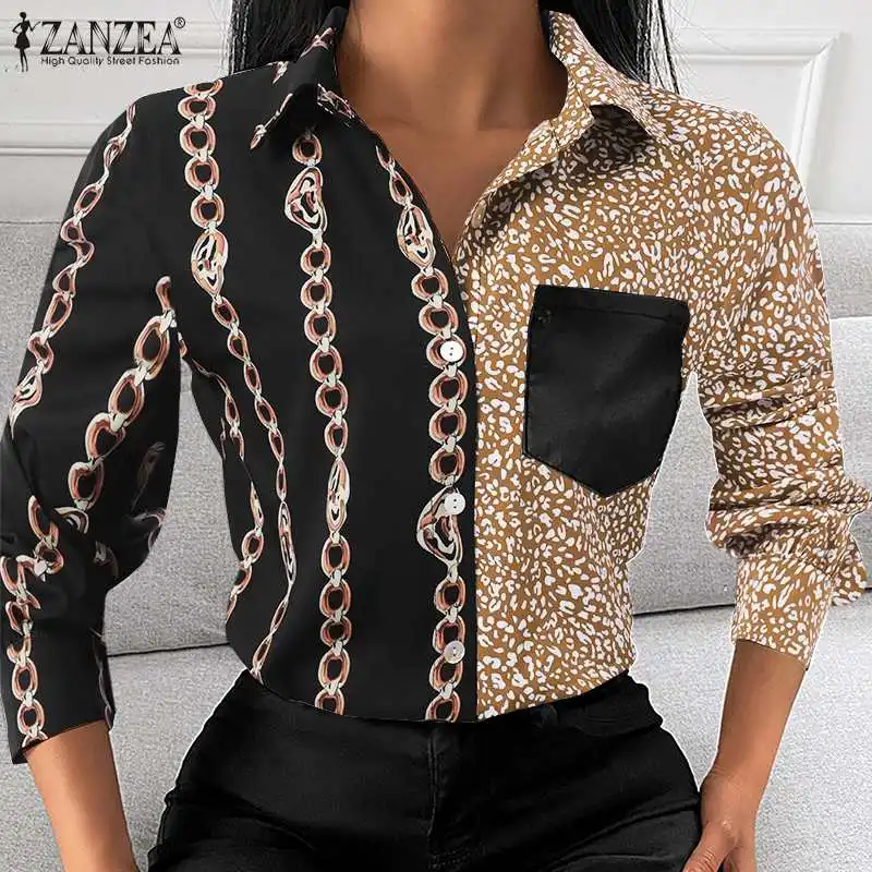 

ZANZEA Fashion Women Spring Long Sleeve Chain Blouse Casual Elegant Lapel Neck Leopard Print Shirt Patchwork Blusas Buttons Tops