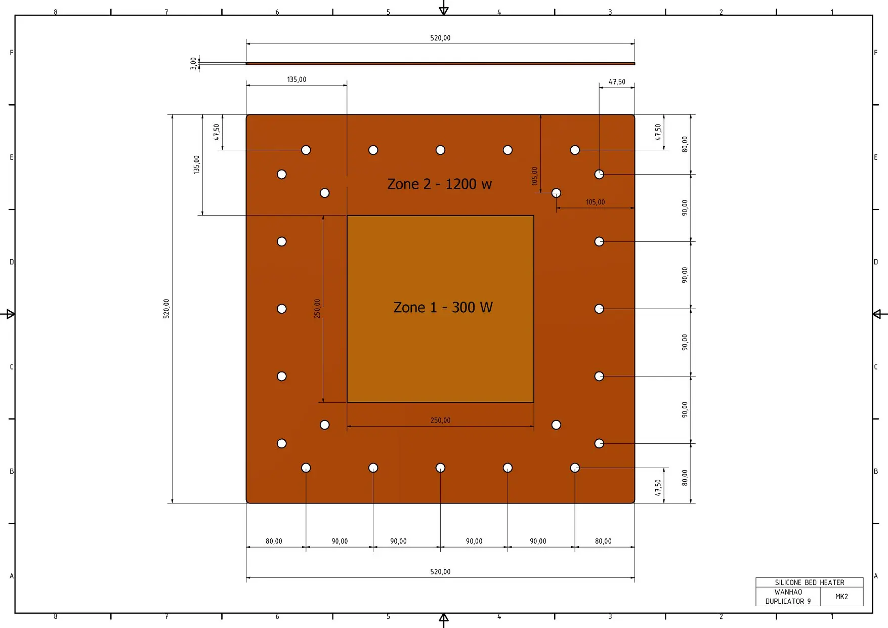 Buy 520x520 مللي متر 3 مللي متر سميكة مناطق مزدوجة 1500 واط وسادة حرارية مع تصاعد ثقوب للطابعة Wanhao الناسخ 9 ثلاثية الأبعاد