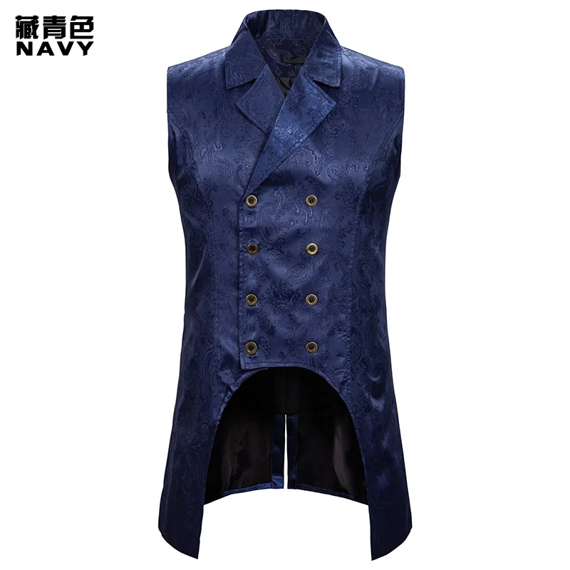 Wine Red Paisley Jacquard Long Vest Men Double Breasted Lapel Brocade Waistcoat Mens Gothic Steampunk Sleeveless Tailcoat | Тематическая