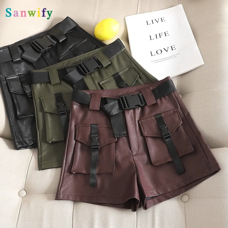 

Military Style Autumn Pu Leather Shorts Cool Girls Women's Pocket Wide Leg Shorts Fashion Female Clothes Streetwear