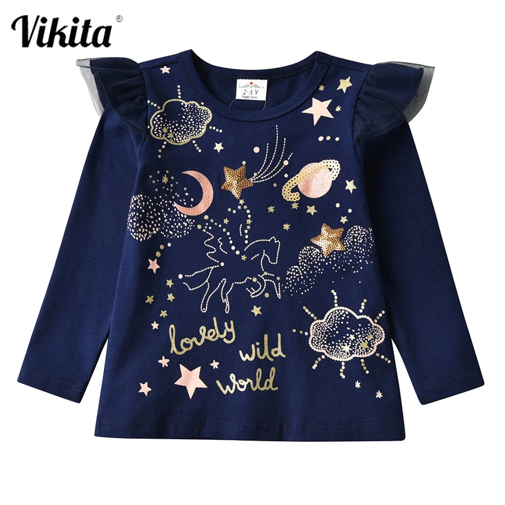 

VIKITA Autumn Long Sleeve T-Shirt for Girls Unicorn Cotton Tees Kids Casual Clothes Toddlers Tops Sequined Outfits Kids Clothing