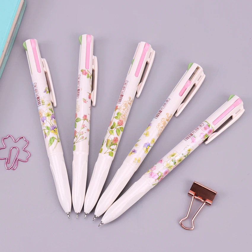 

4 In 1 Colored Ballpoint Pen Floral Pens Kawaii Stationery Writing Pens 0.5mm Office School Supplies