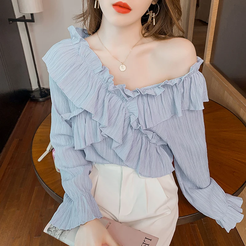 

Женская шифоновая блузка с длинным рукавом, V-образным вырезом и воланом