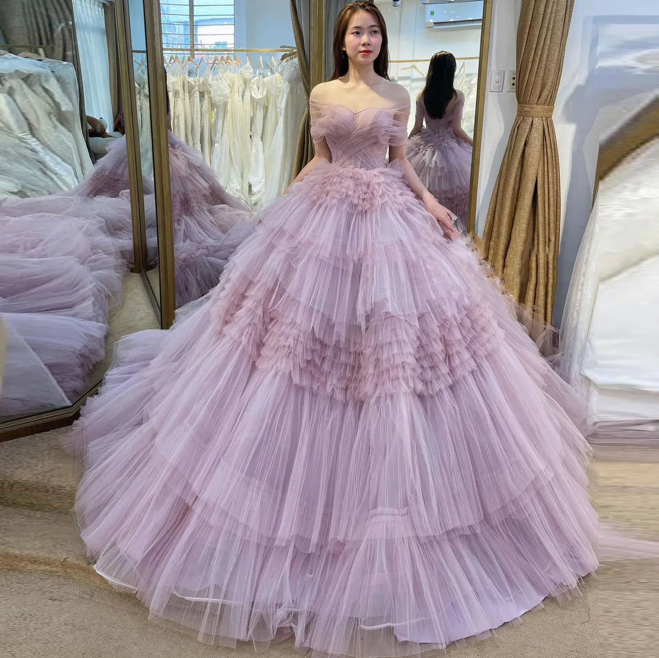 

Blush Lavender Princess Wedding Dress Layered Puffy Tulle Skirt Off-The-Shoulder Sweetheart Princess Blush Pink Bridal Gown