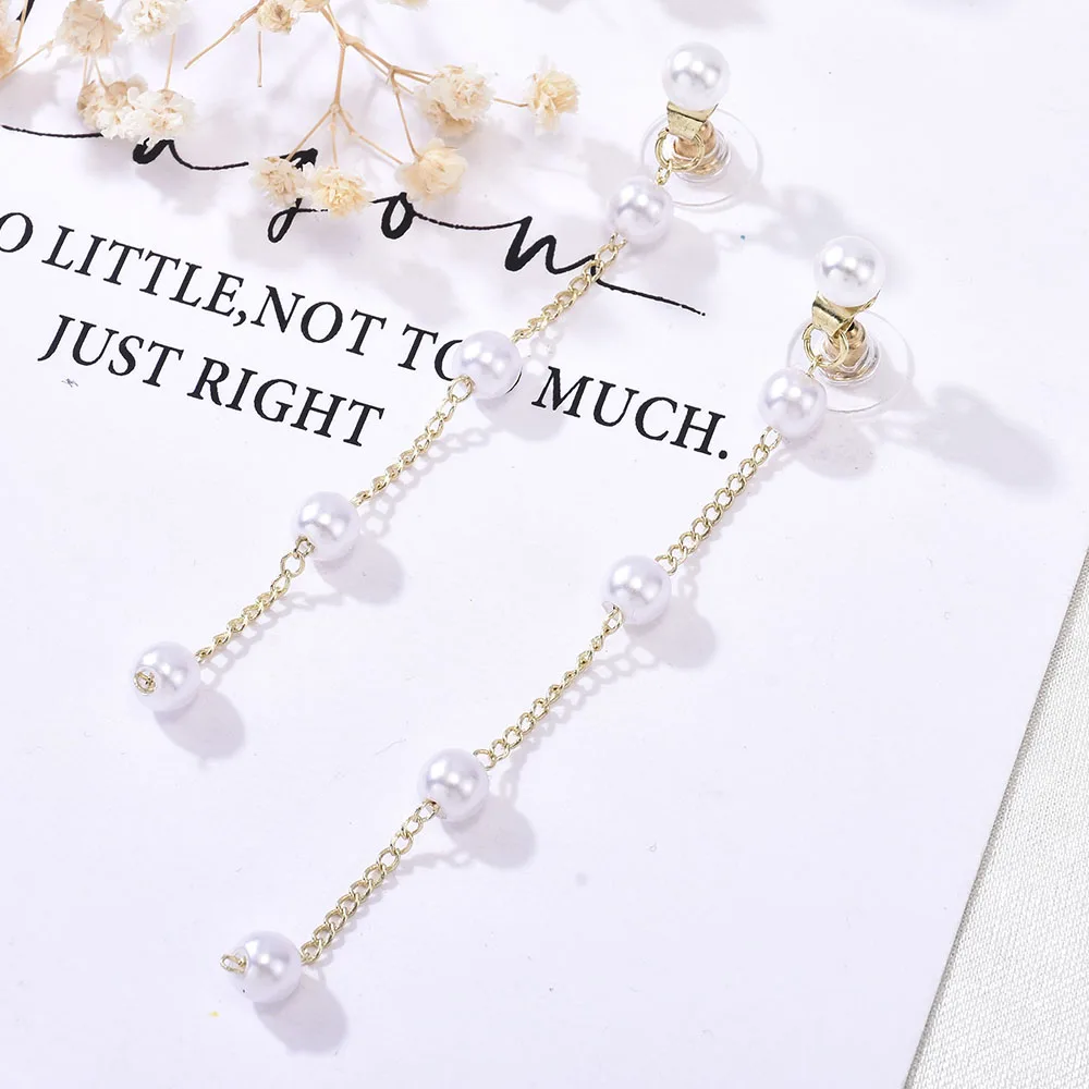 

New Fashion Style Simple Long Pearl Tassel Chain Female Water Drop Dangling Earrings Jewelry Gift Stud Earrings for Women