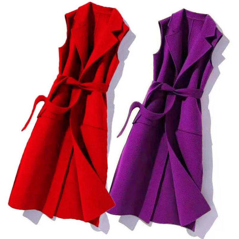 

Women Woolen Waistcoat With Belt 2021 New Autumn Winter Wool Long Vest Jacket Coat Plus Size 4XL Female Sleeveless Slim Outwear