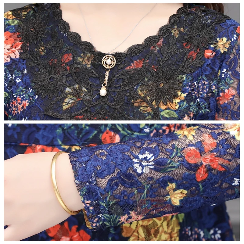 

Plus size 5XL women shirts elegant long flower lace shirts blouse tops women vintage large size shirts ladies