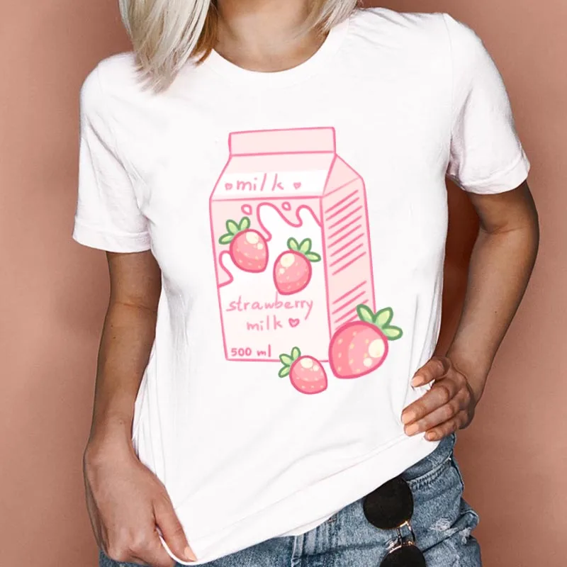 

2022 Women's T-shirts Strawberry Milk Box Graphic T-shirt 90s Girl Kawaii Harajuku T Shirt Summer Short Sleeve T-shirt Femme