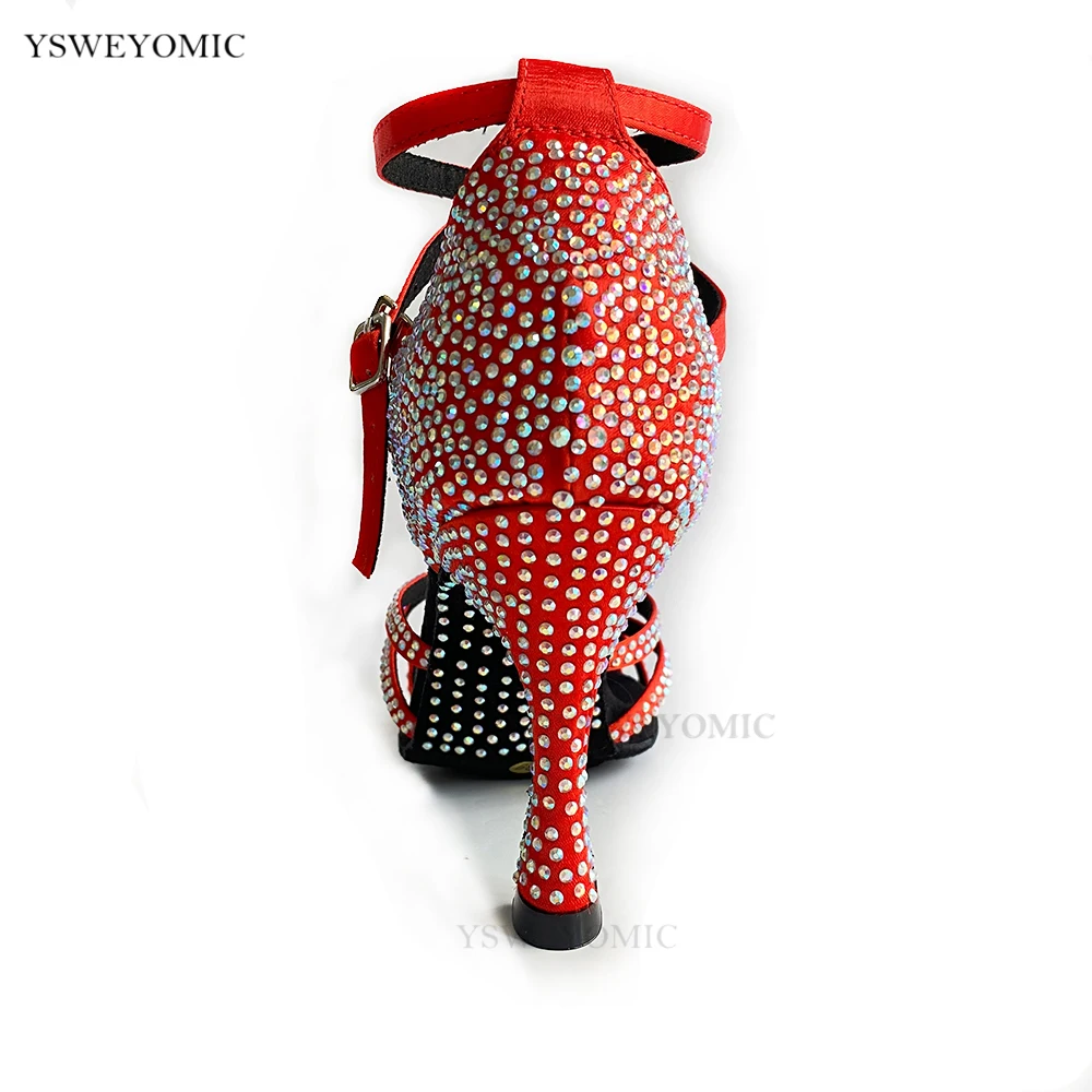 Women Dance Shoes 2021 New Summer Salsa Passion Style Red Satin Rhinestones on Sole 10cm to 5cm Customized Dance Shoes Latin