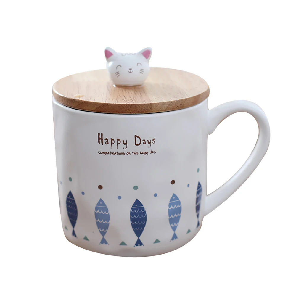 Japanese Style Coffee Mugs Creative Cartoon Cat and Fish Ceramic Cup With Spoon Lid Breakfast Water Milk Christmas Gift | Дом и сад