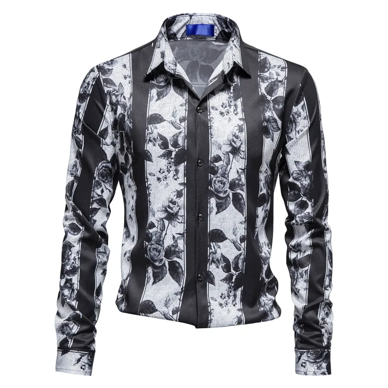 

2022 Spring Autumn Striped Large Floral Print Long Sleeves Shirt Men