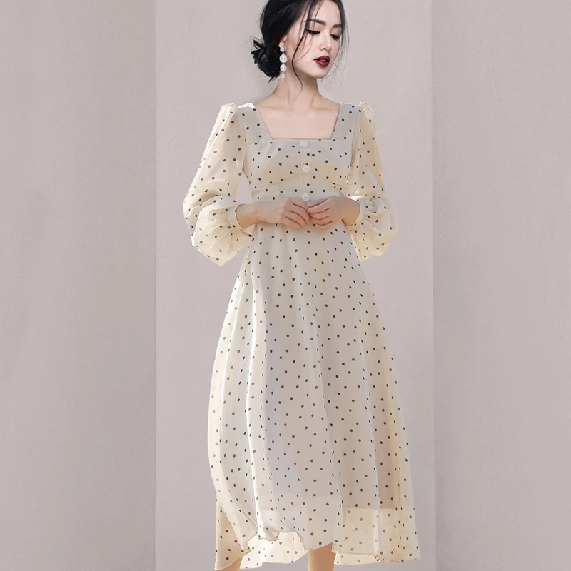 

Women's Summer Polka Dot Dress Long Sleeve Floral Print Square Collar Elegant High Waist Show Slim Dress Female MIDI Vestidos
