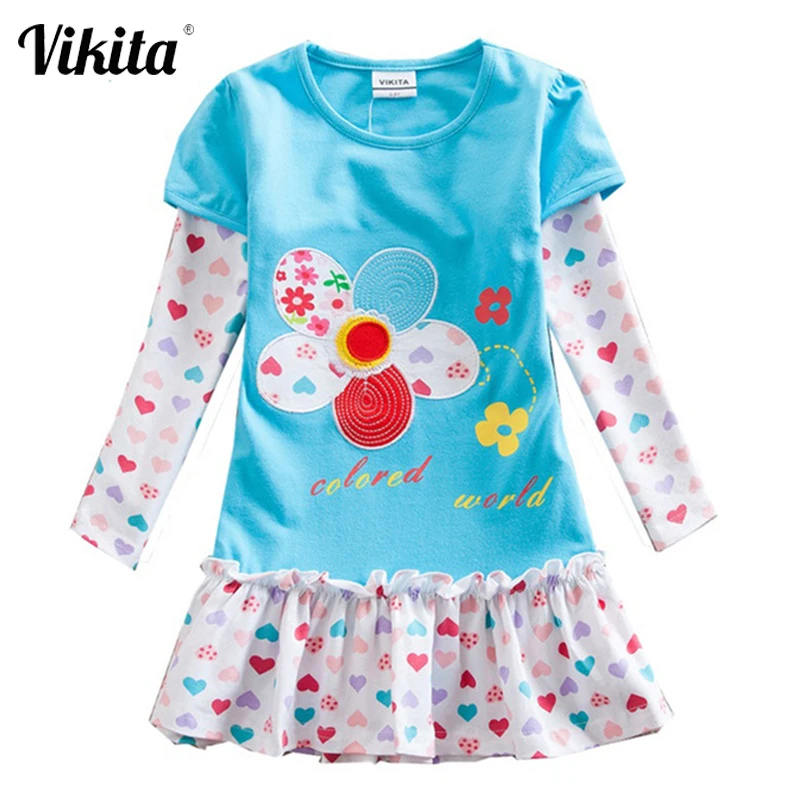 VIKITA Girl Dresses Children Clothing Kids Princess Dress Girls Floral Vestidos Long Sleeve Casual for Autumn F5061 | Детская одежда и
