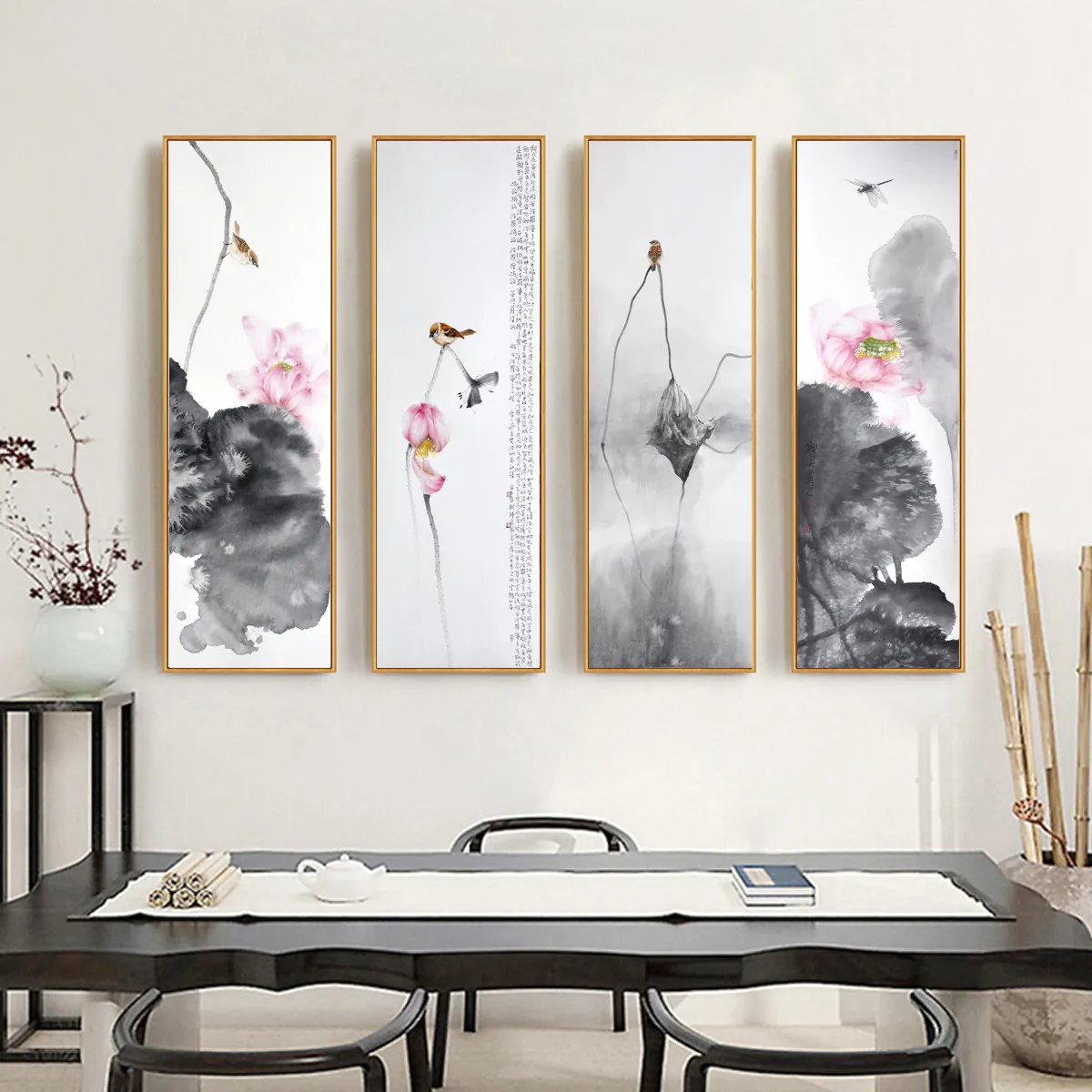 Постер на холсте в китайском стиле с изображением дракона птиц лотоса | Дом и сад