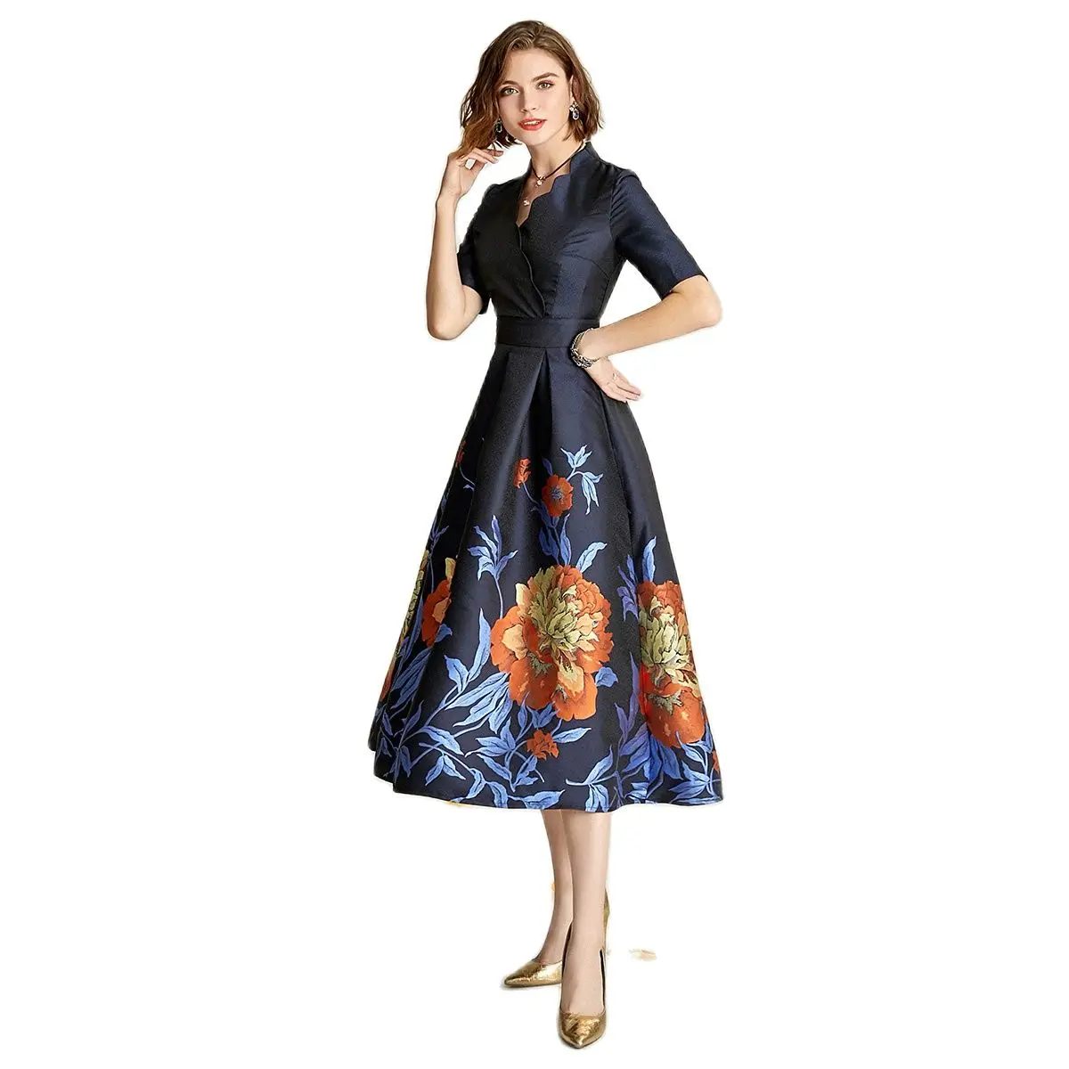 

tailor shop V-neck navy luxur mid-length dress slim banquet brocade dress mother of the bride dresses plus size wedding dress